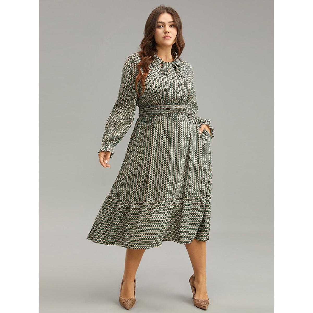 Plus Size Striped Geometric Bowknot Keyhole Shirred Dress Mint Women Work From Home Cross straps Shirt collar Long Sleeve Curvy Midi Dress BloomChic 26/4X Product Image