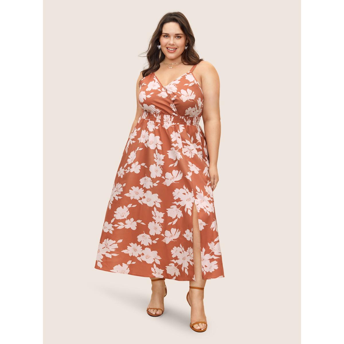Plus Size Floral Print Wrap Shirred Split Front Dress OrangeRed Women Elegant Shirred V-neck Sleeveless Curvy Midi Dress BloomChic 30/6X Product Image