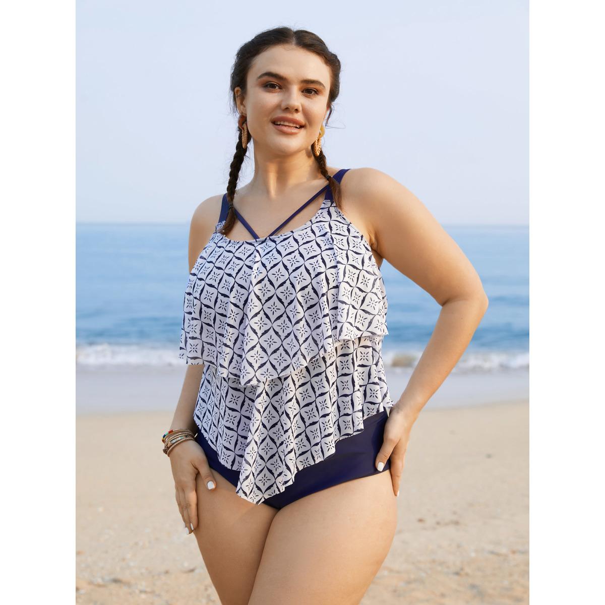 Plus Size Geometric Tiered Ruffles One Piece Swimsuit Women's Swimwear WhiteSmoke Beach Gathered Curve Bathing Suits High stretch One Pieces BloomChic 10/M Product Image