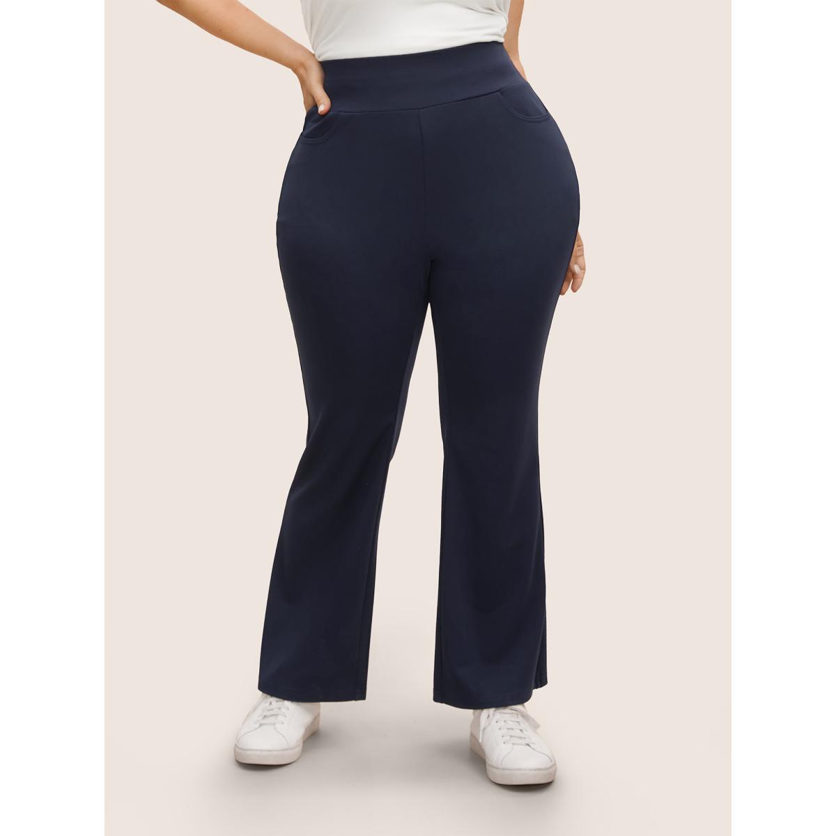 Plus Size High Rise Wideband Waist Bootcut Leggings Women DarkBlue Elegant Medium stretch Bootcut High Rise Everyday Leggings BloomChic 10/M Product Image