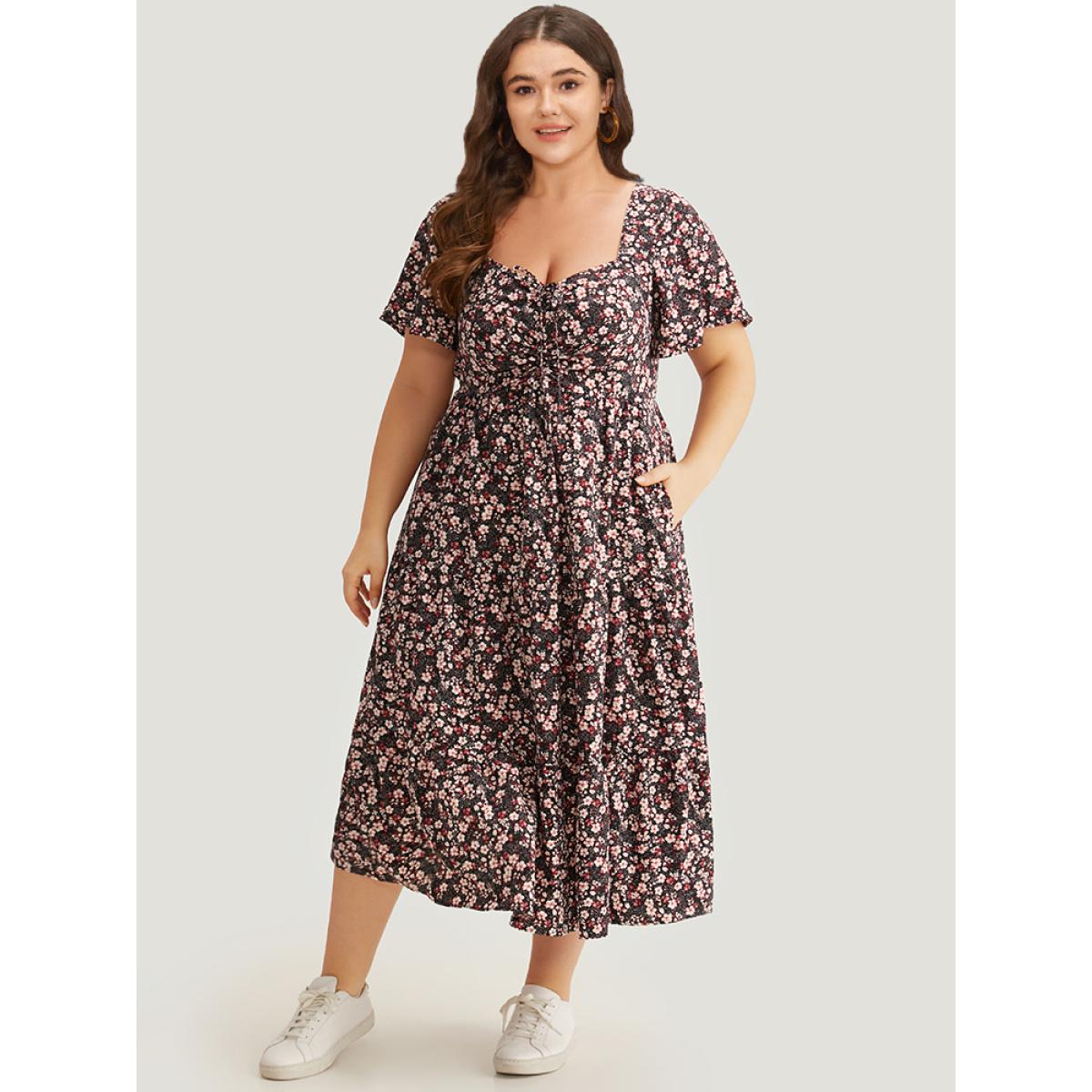Plus Size Ditsy Floral Pocket Drawstring Ruched Flutter Sleeve Dress Black Women Elegant Printed Square Neck Short sleeve Curvy Midi Dress BloomChic 14-16/1X Product Image