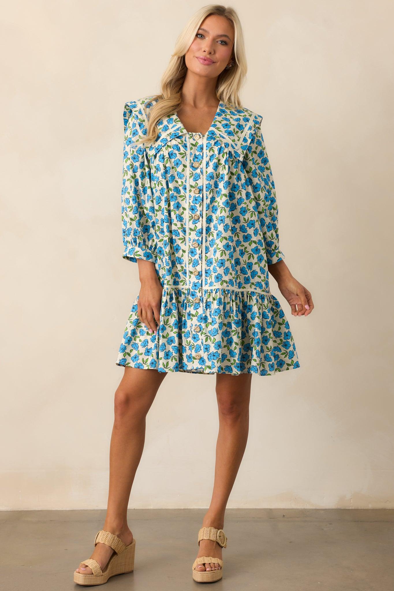 Butterfly Garden Blue Cotton Button Front Mini Dress Product Image