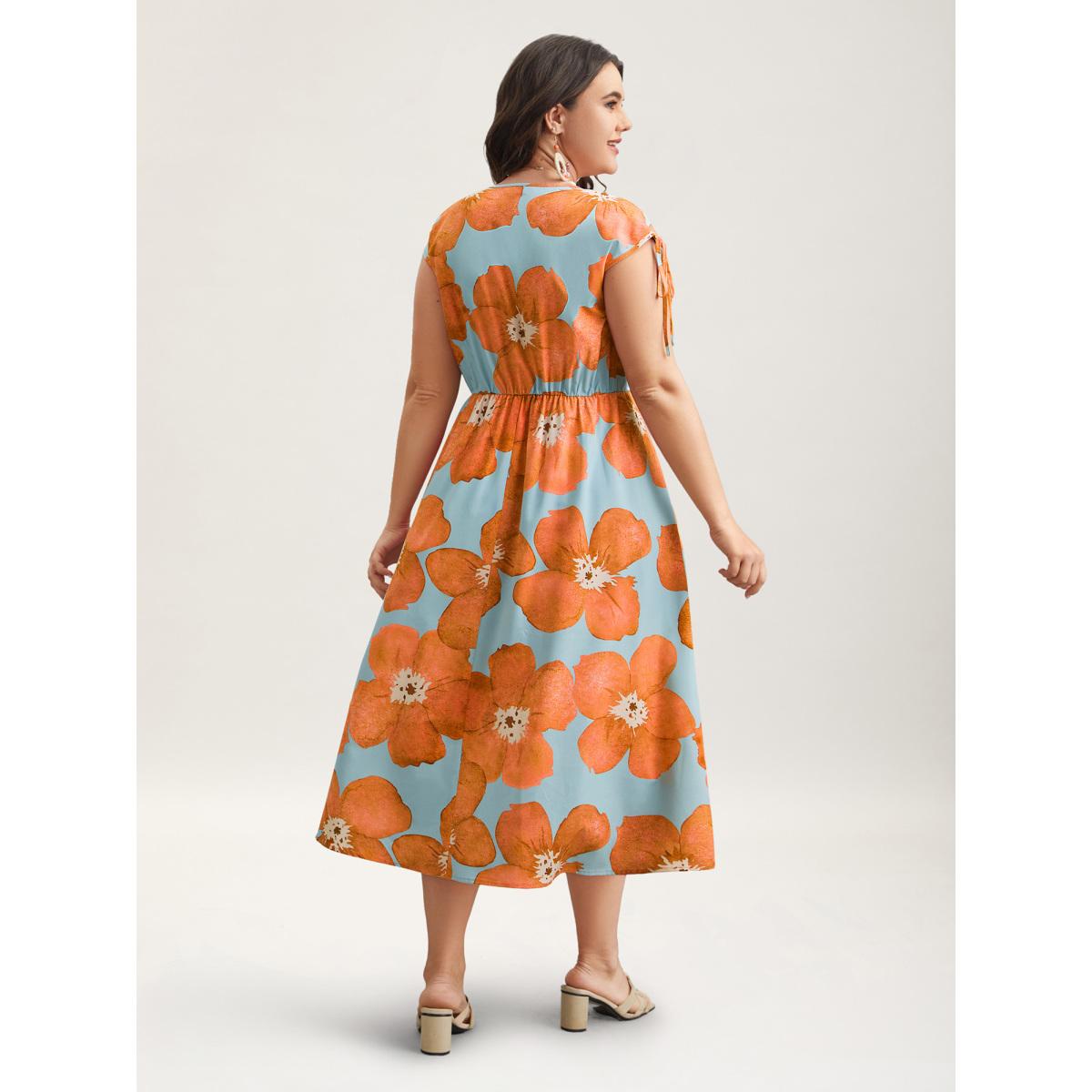 Plus Size Floral Print V-Neck Tied Midi Dress LightBlue Women Romantic Gathered V-neck Sleeveless Curvy BloomChic 18-20/2X Product Image