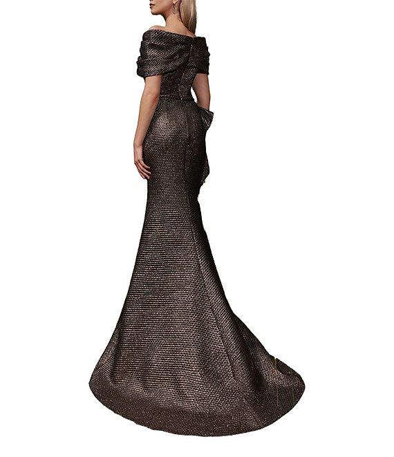 Terani Couture Off-The-Shoulder Ruffle Front Metallic Jacquard Mermaid Gown Product Image