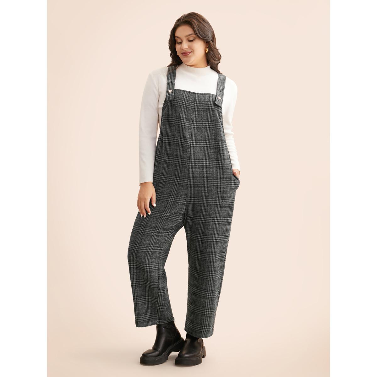 Plus Size DimGray Plaid Adjustable Straps Pocket Jumpsuit Women Elegant Sleeveless Non Everyday Loose Jumpsuits BloomChic 10/M Product Image