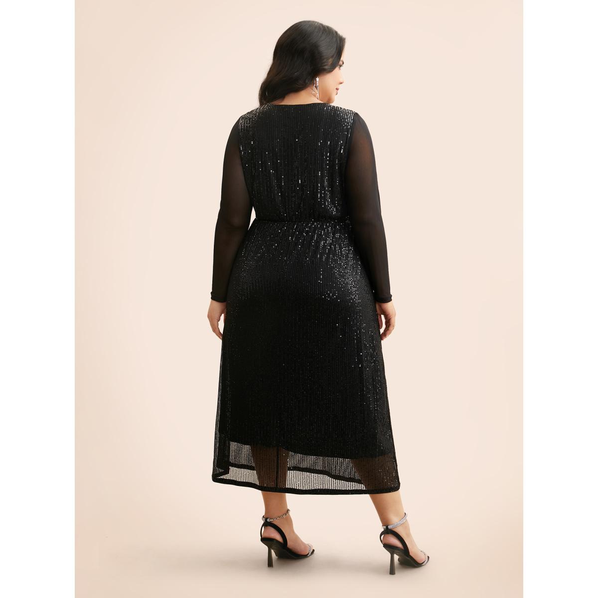 Plus Size Crew Neck Patchwork Sequin Mesh Dress Black Women Cocktail Texture Party Curvy Bloomchic 18-20/2X Product Image