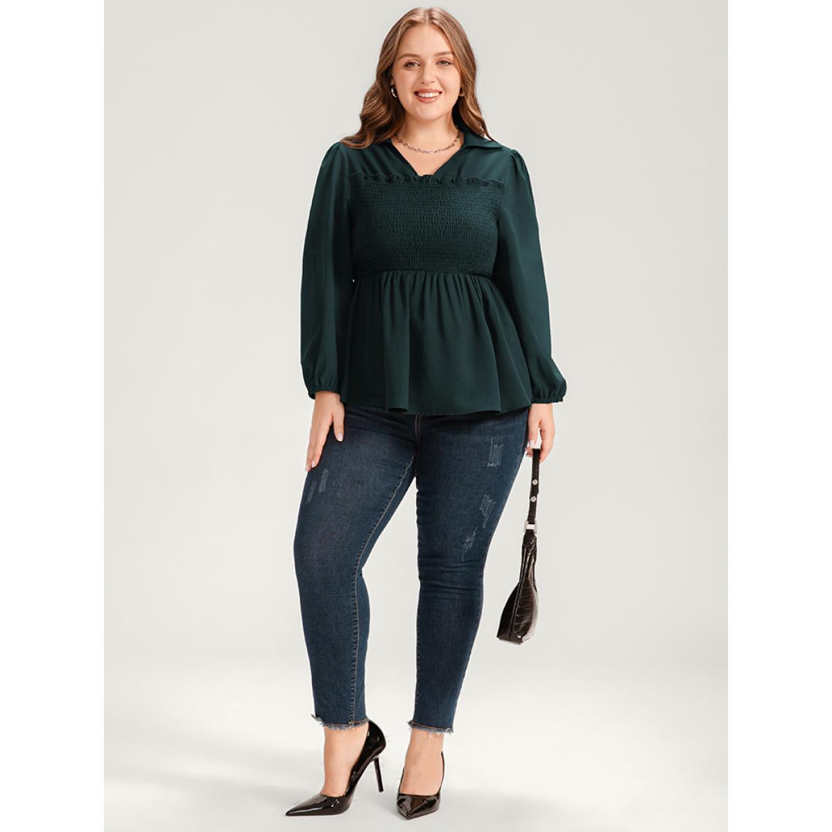 Plus Size DarkGreen Solid Lantern Sleeve Shirred Ruffles Blouse Women Office Long Sleeve Shirt collar Office Blouses BloomChic 22-24/3X Product Image