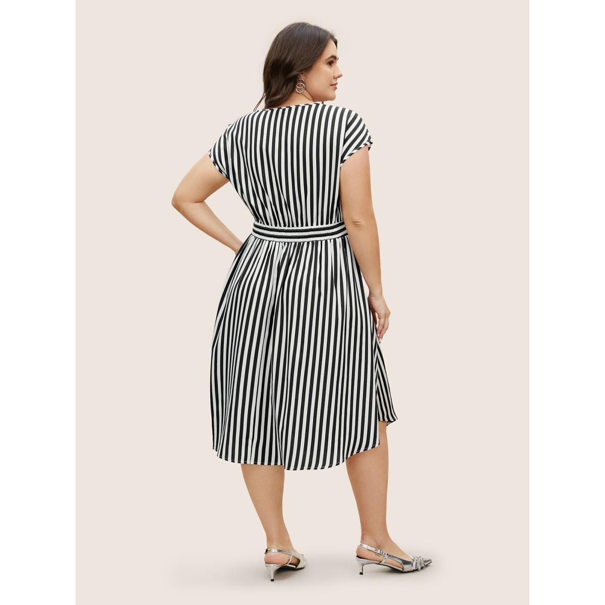 Plus Size Striped Shirred Dolman Sleeve Dress Black Women At the Office V-neck Cap Sleeve Curvy BloomChic 14-16/1X Product Image
