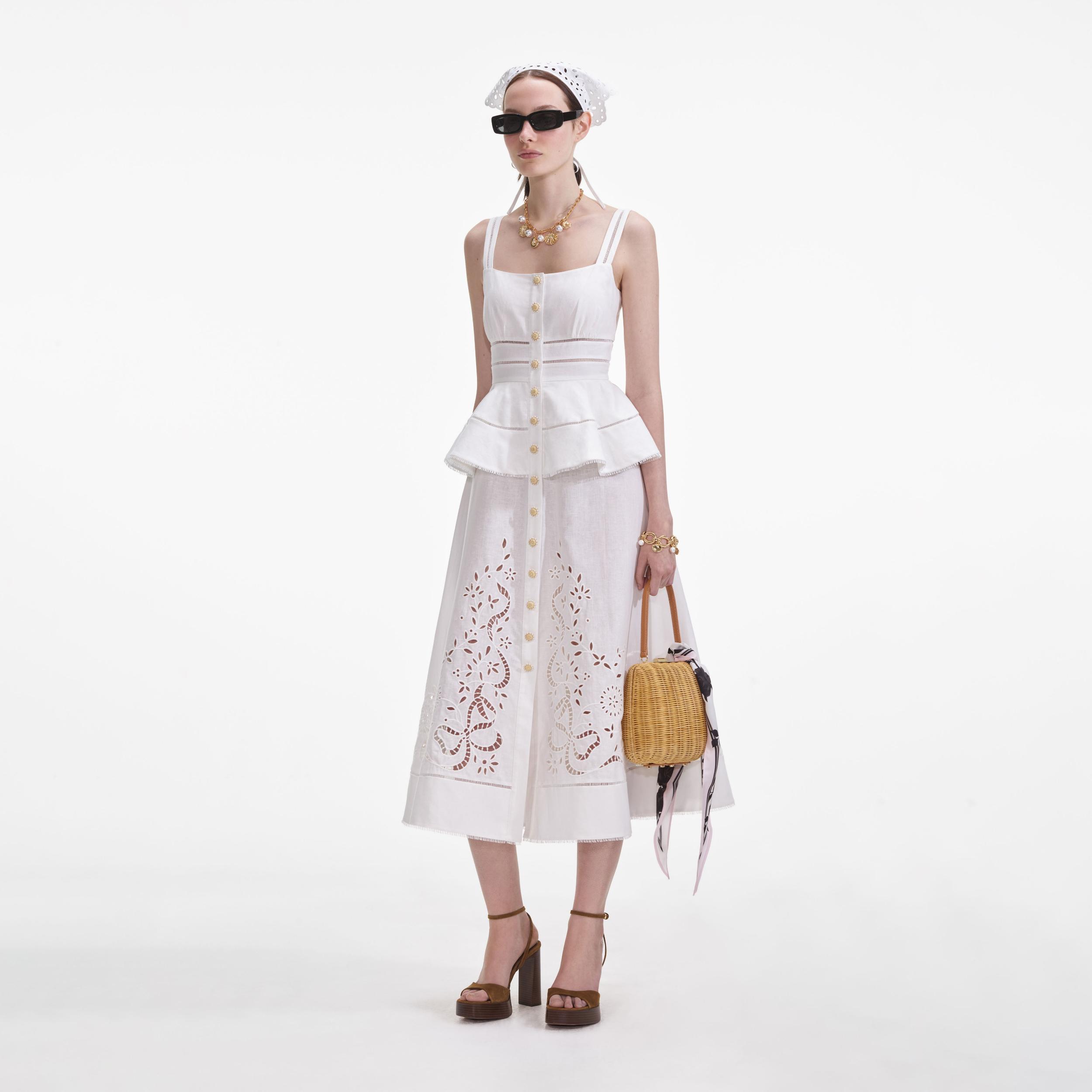 Cream Linen Peplum Midi Dress Product Image