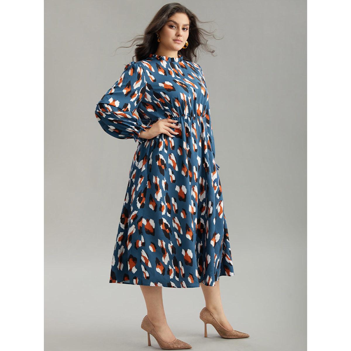 Plus Size Allover Print Stand Collar Pocket Ruffles Dress Aegean Women Office Printed Stand-up collar Long Sleeve Curvy Midi Dress BloomChic 18-20/2X Product Image