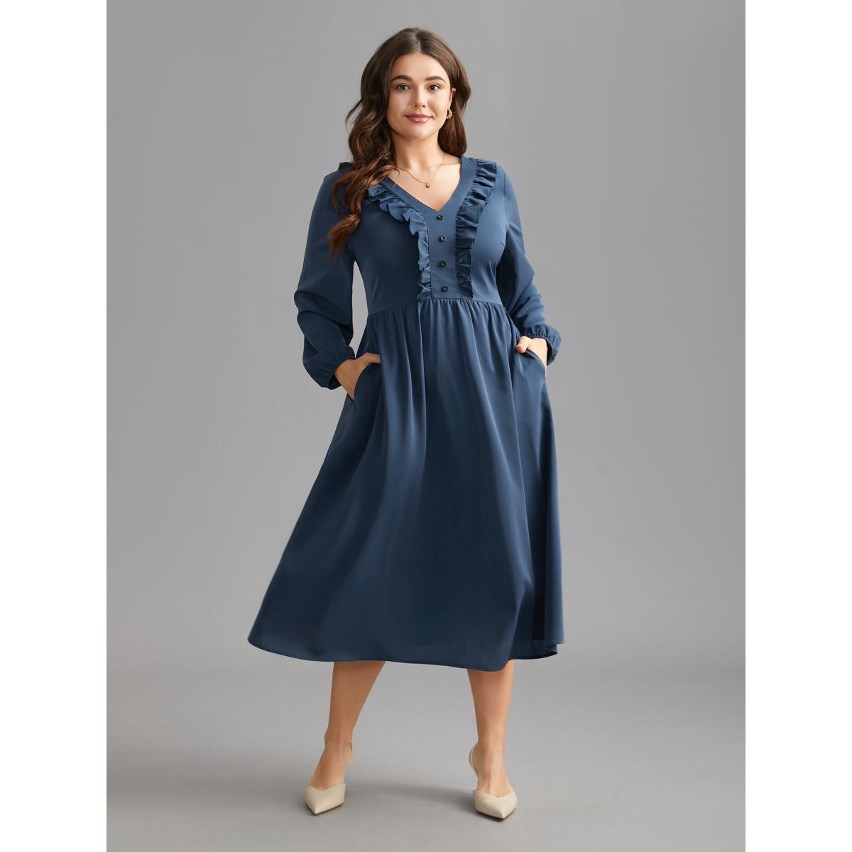 Plus Size Solid Ruffle Trim Elastic Waist Midi Dress DarkSlateGray Women Timeless Frill Trim V-neck Long Sleeve Curvy BloomChic 28/5X Product Image