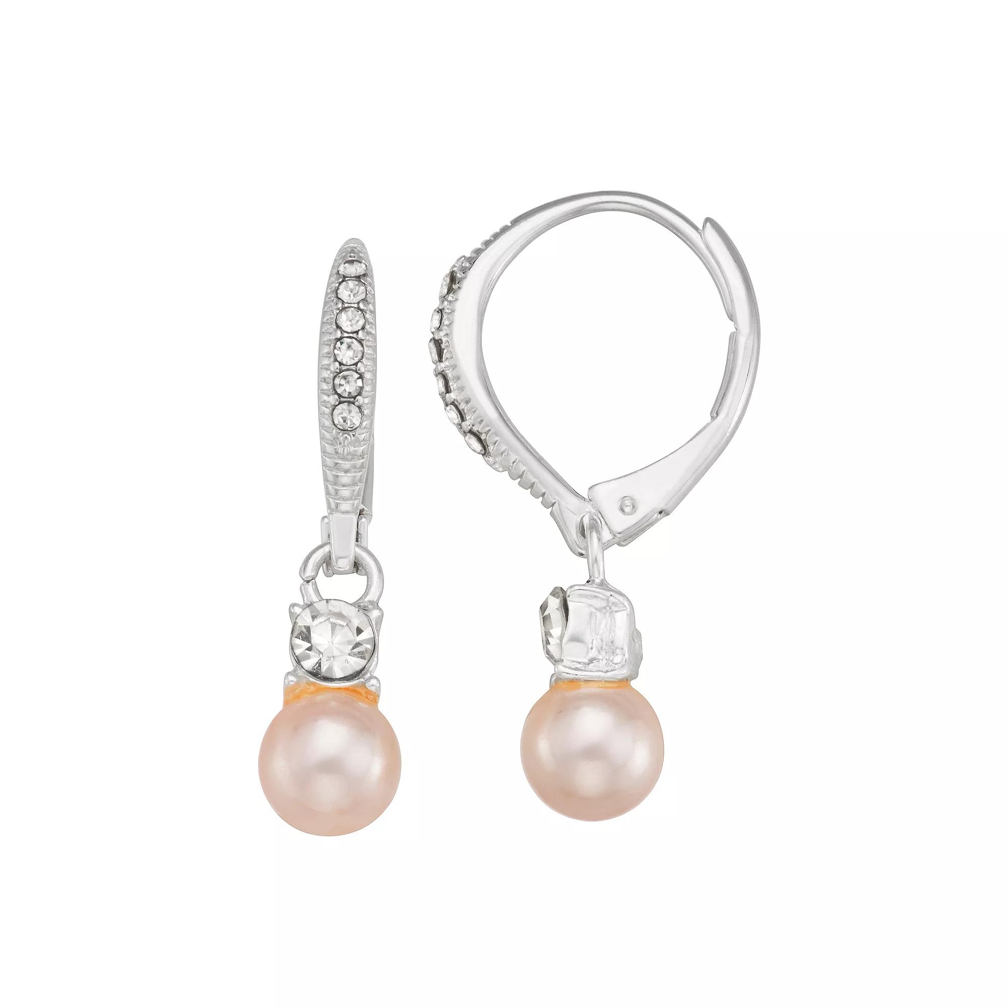You're Invited... Sterling Silver Crystal Leverback Simulated Pearl Drop Earrings, Women's, Silver Tone Pink Product Image