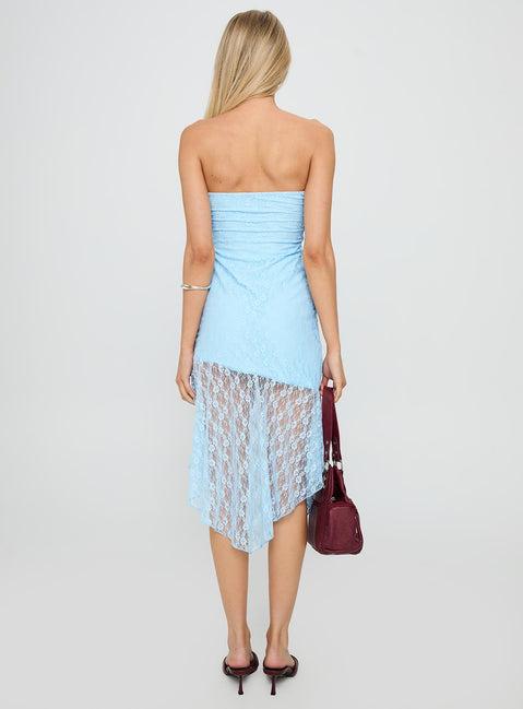 Nonchalant Strapless Lace Midi Dress Blue Product Image