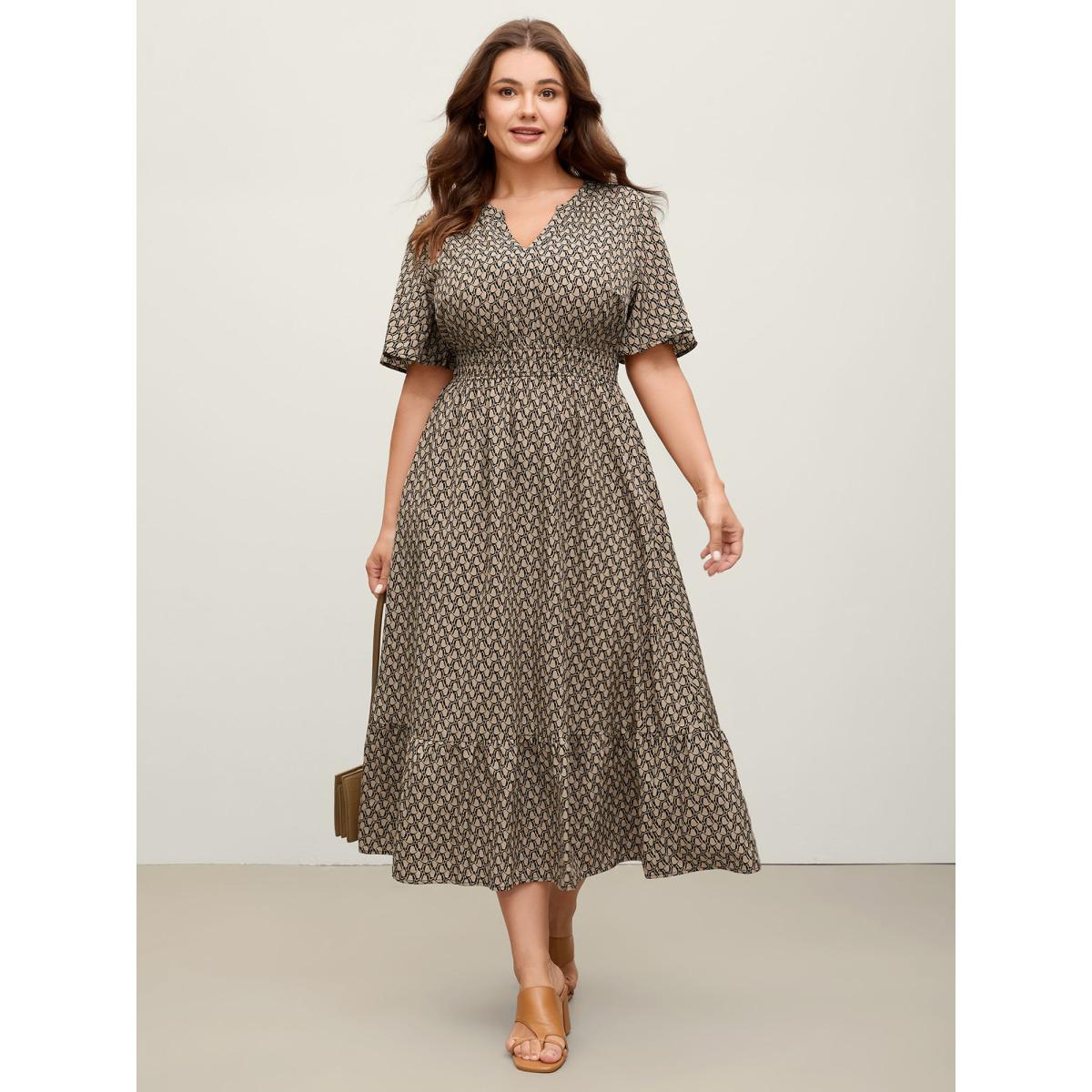 Plus Size Geometric Print Waist-Cinched Tiered Midi Dress Tan Women Office Flat collar with V-notch Short sleeve Curvy BloomChic 26/4X Product Image