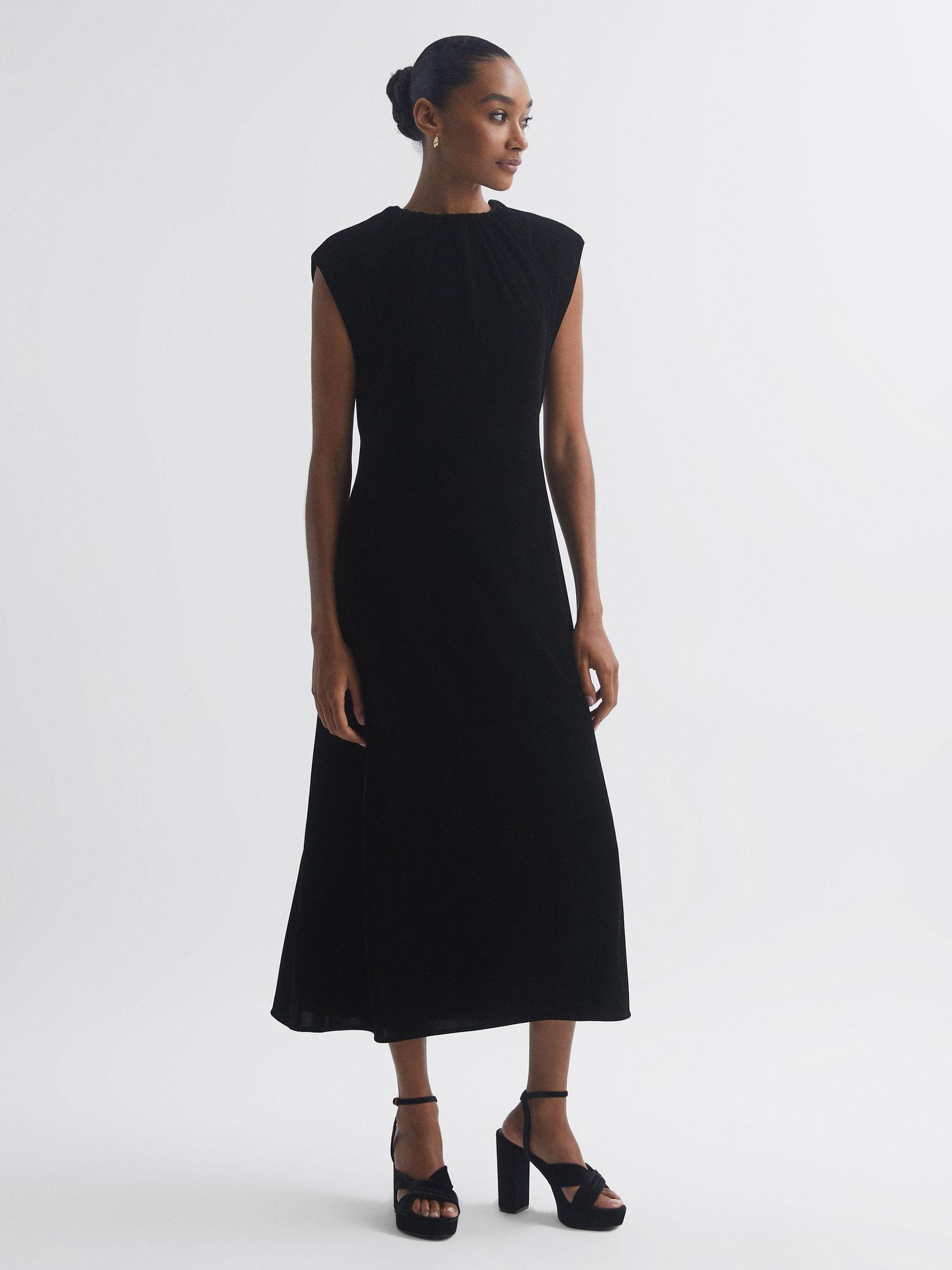 Florere Velvet Tie Neck Midi Dress in Black Product Image