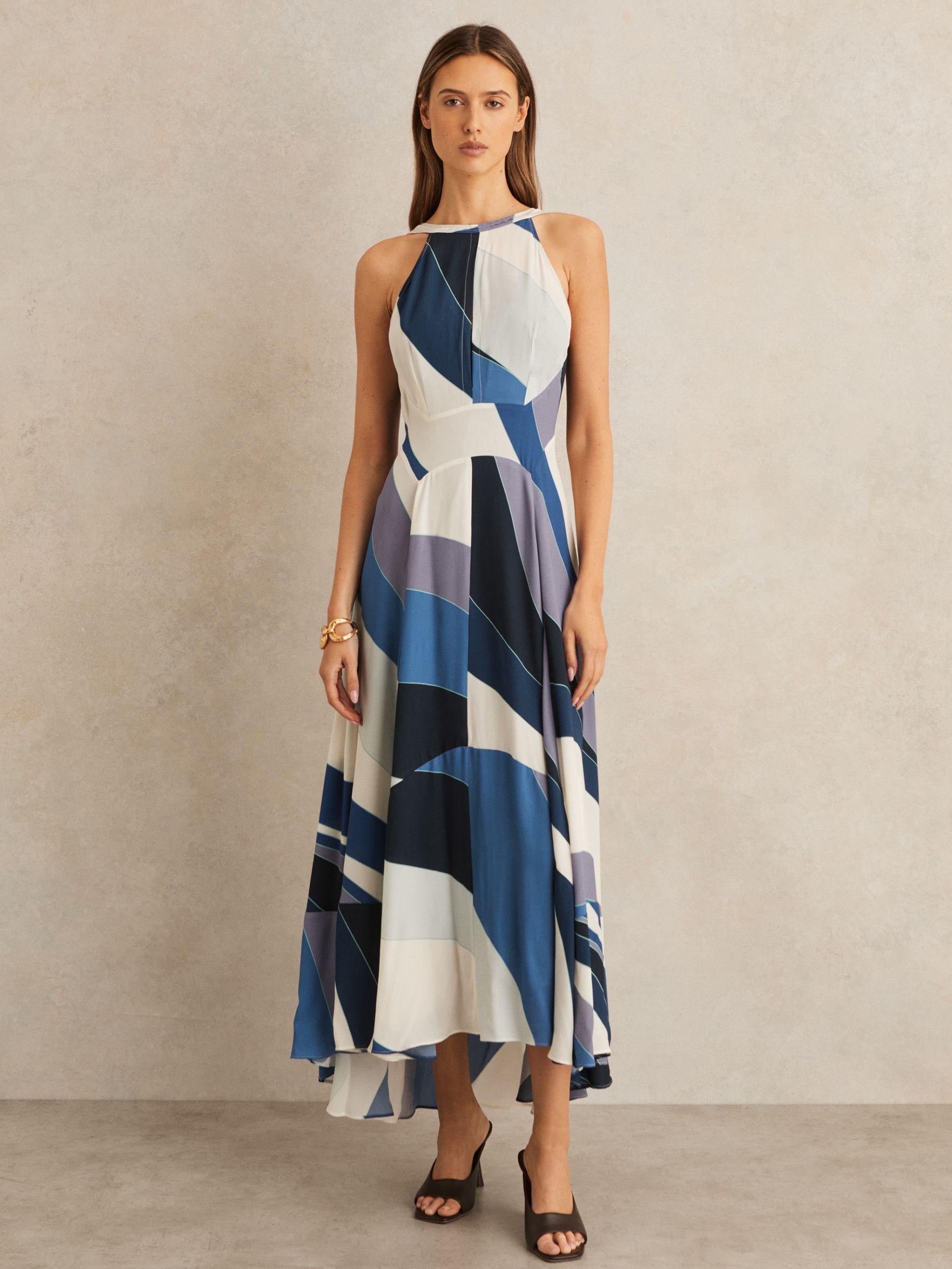 Stripe Print V-Back Midi Dress in Blue Product Image