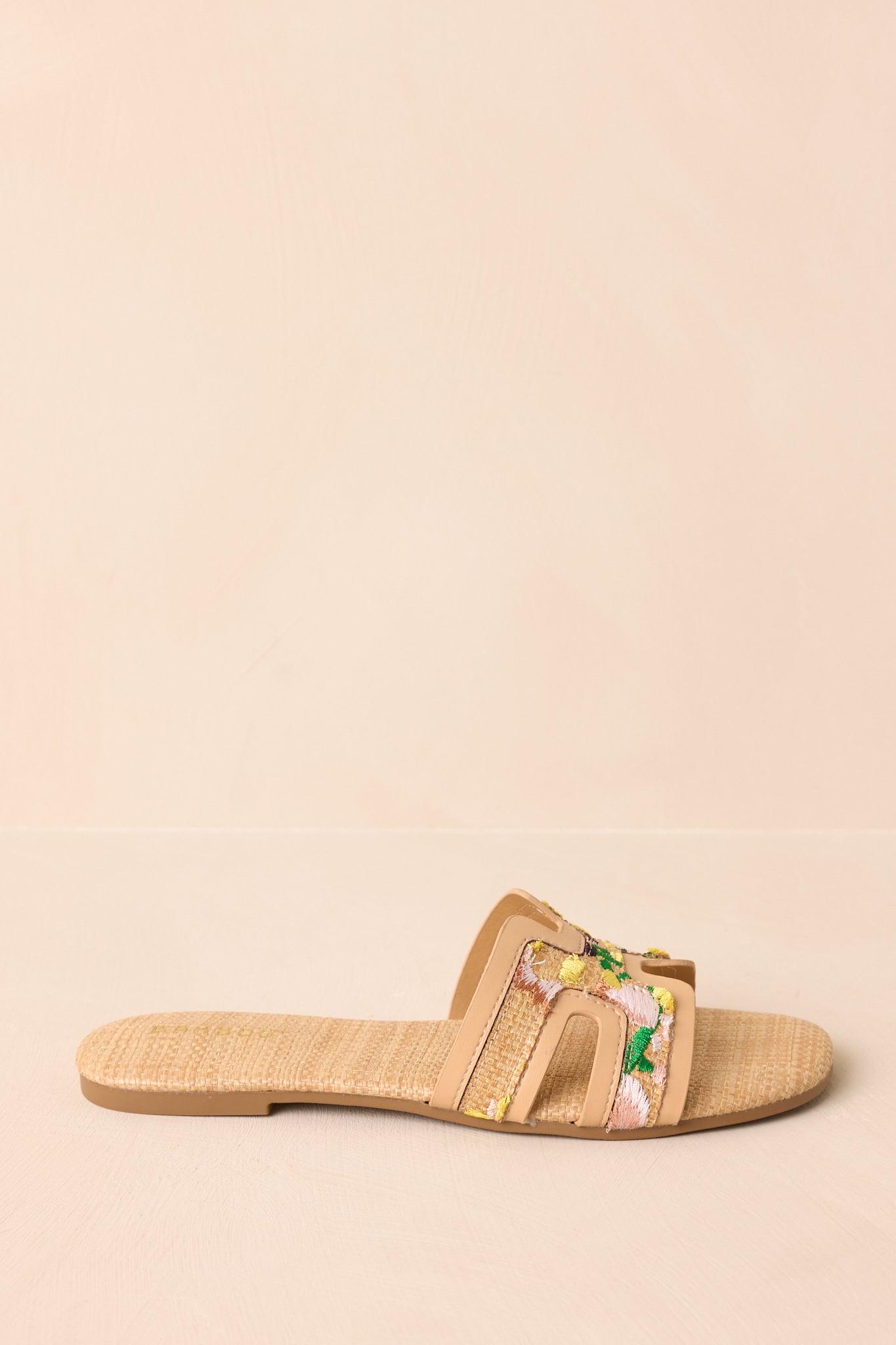 Let's Get Lost Natural Raffia Floral Embroidered Flat Sandals Product Image