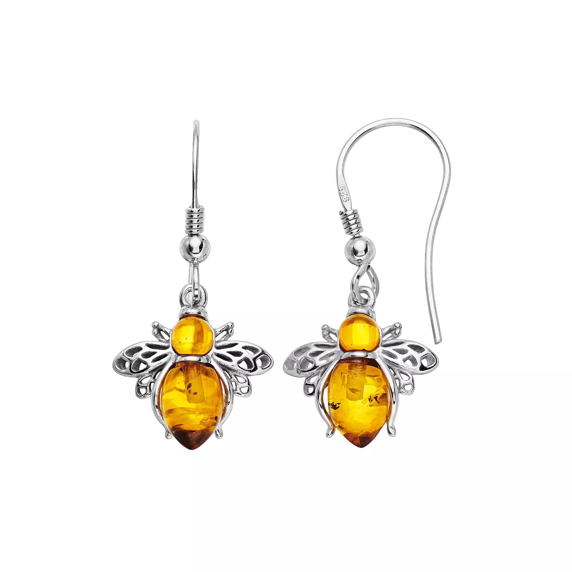 Sterling Silver Amber Bee Drop Earrings, Women's Product Image
