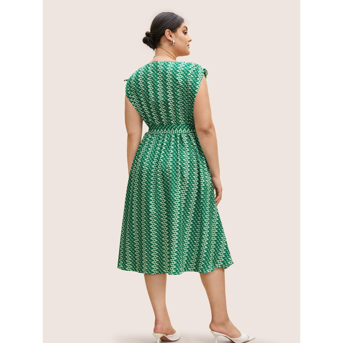 Plus Size Geometric Drawstring Cap Sleeve Midi Dress Malachitegreen Women At the Office Belted V-neck Cap Sleeve Curvy BloomChic 14-16/1X Product Image
