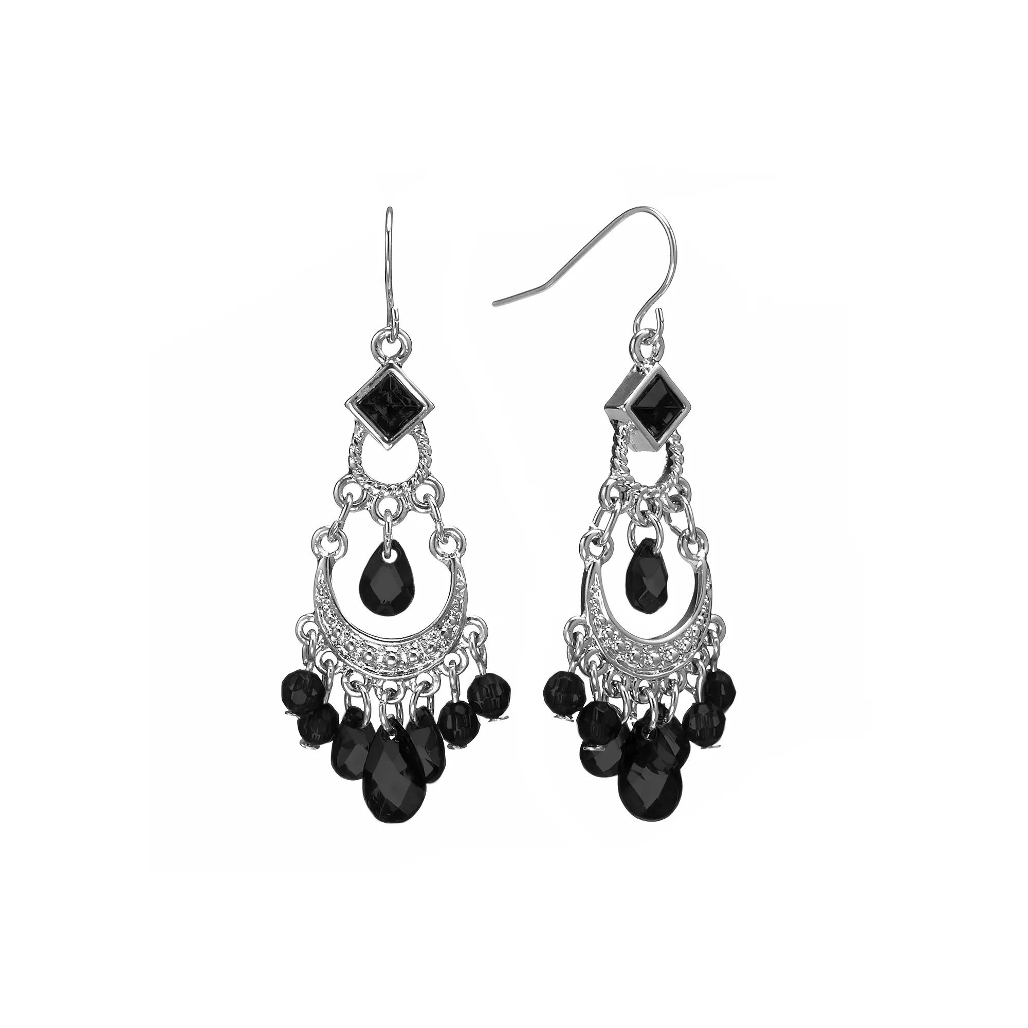 1928 Silver Tone Bead Chandelier Earrings, Women's, Black Product Image