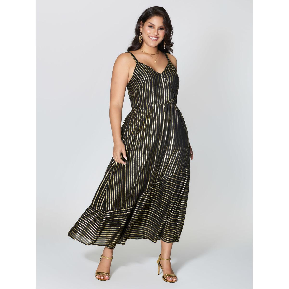 Plus Size Shimmery Adjustable Gold Stamped Maxi Dress Black Women Party&Cocktail Asymmetrical Neck Sleeveless Curvy BloomChic 26/4X Product Image