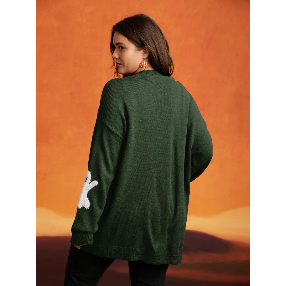 Plus Size Pumpkin Ghost Embroidery Open Cardigan ArmyGreen Women Playful Loose Long Sleeve Casual Cardigans BloomChic 10/M Product Image