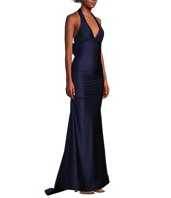 Honey and Rosie Halter V-Neck Tie Back Cummerbund Waist Gown Product Image