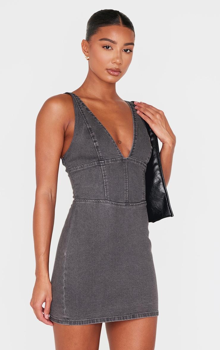 Washed Grey Plunge Corset Style Denim Mini Dress Product Image