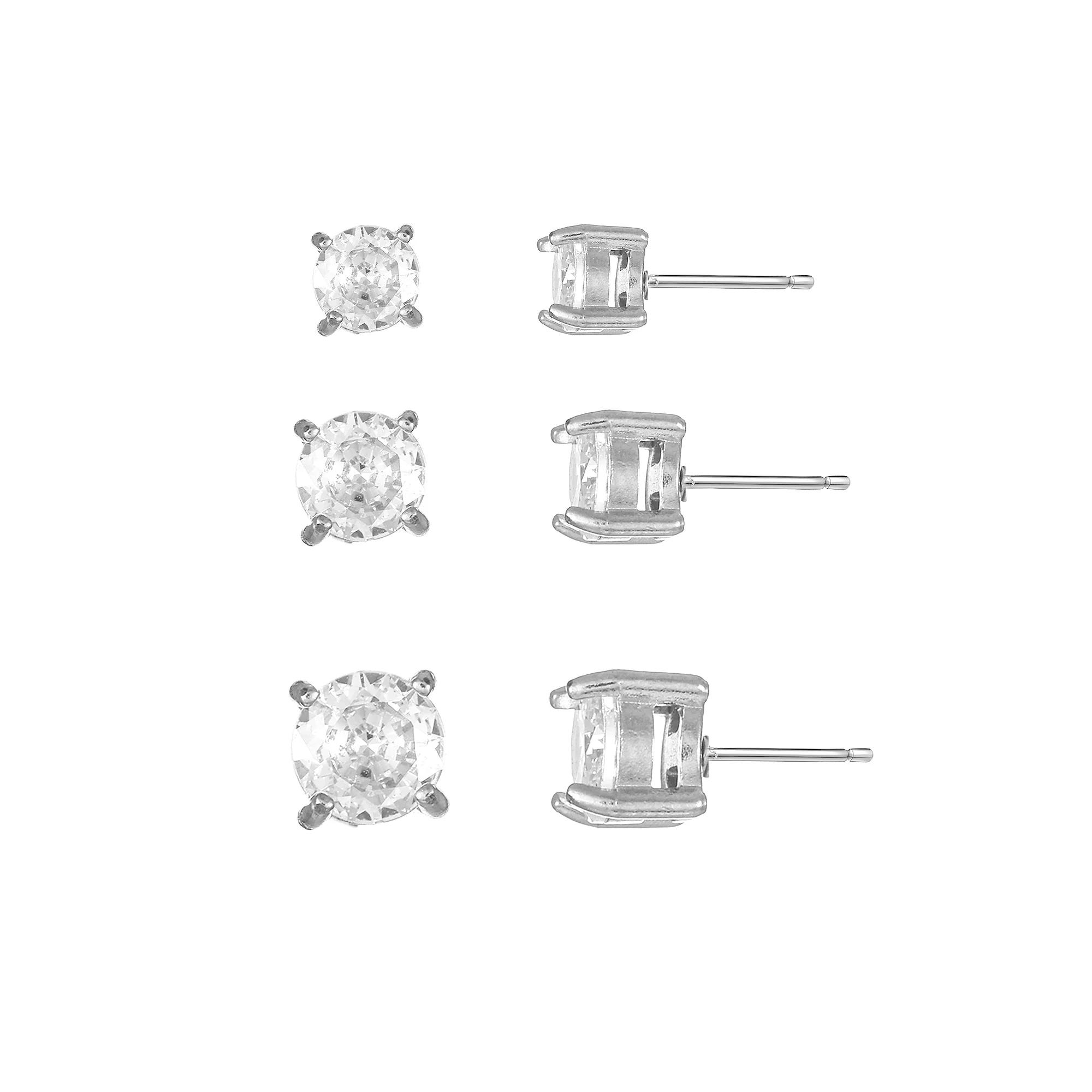City Luxe Stainless Steel 3-Pack Cubic Zirconia Stud Earring Set, Women's, Silver Tone Product Image