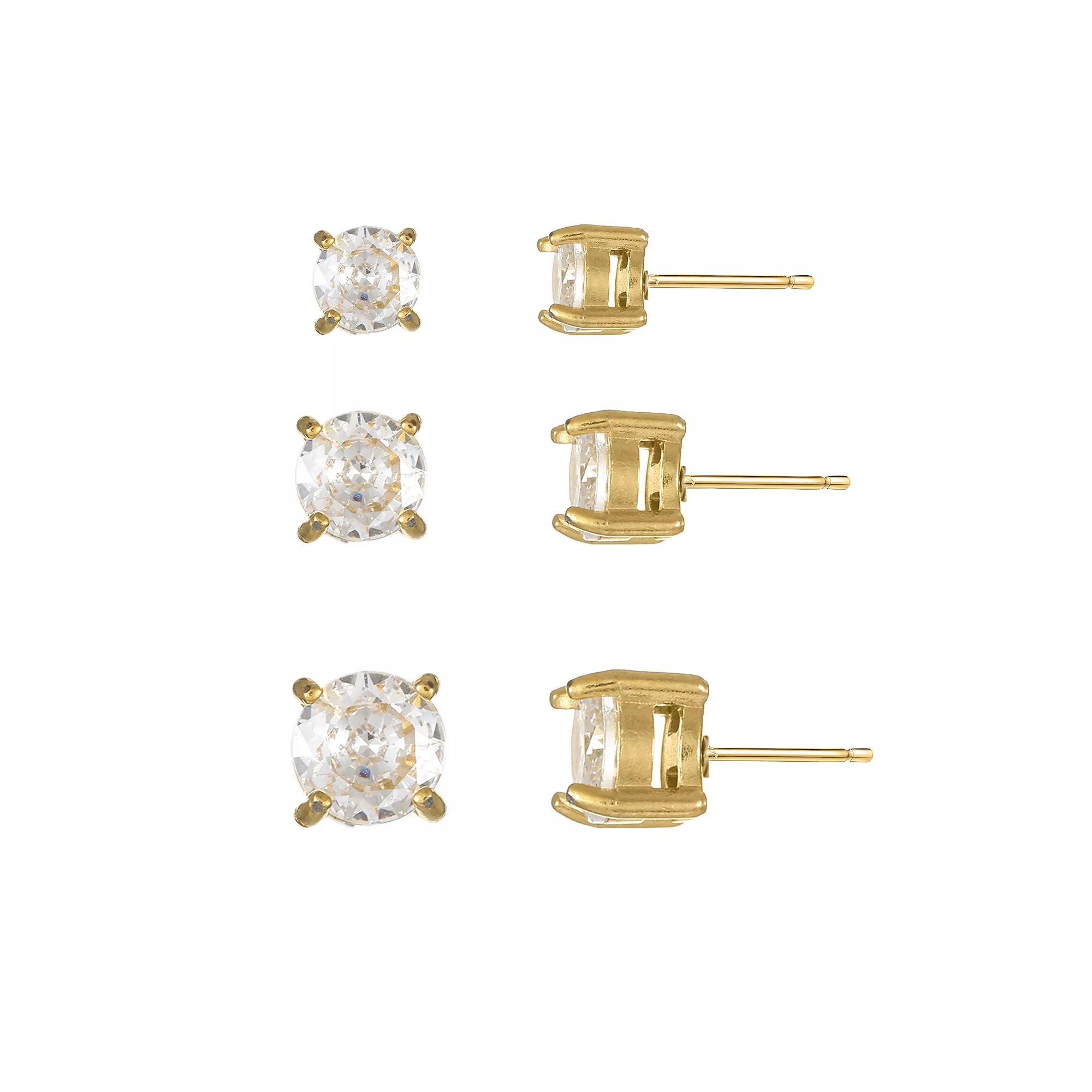 City Luxe Stainless Steel 3-Pack Cubic Zirconia Stud Earring Set, Women's, Gold Tone Product Image