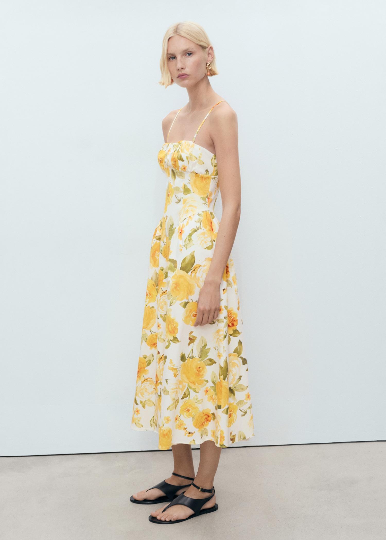 Floral midi-dress with gathered neckline - Women | MANGO USA Product Image