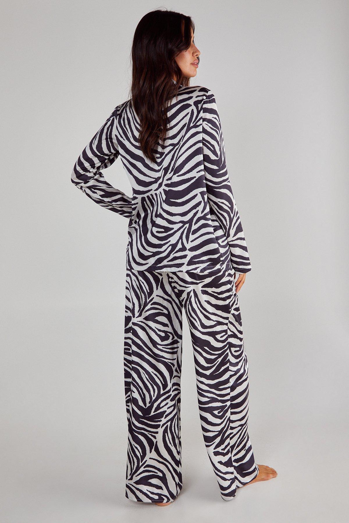 Satin Zebra Tie Front Shirt And Pants Pajama Set Product Image