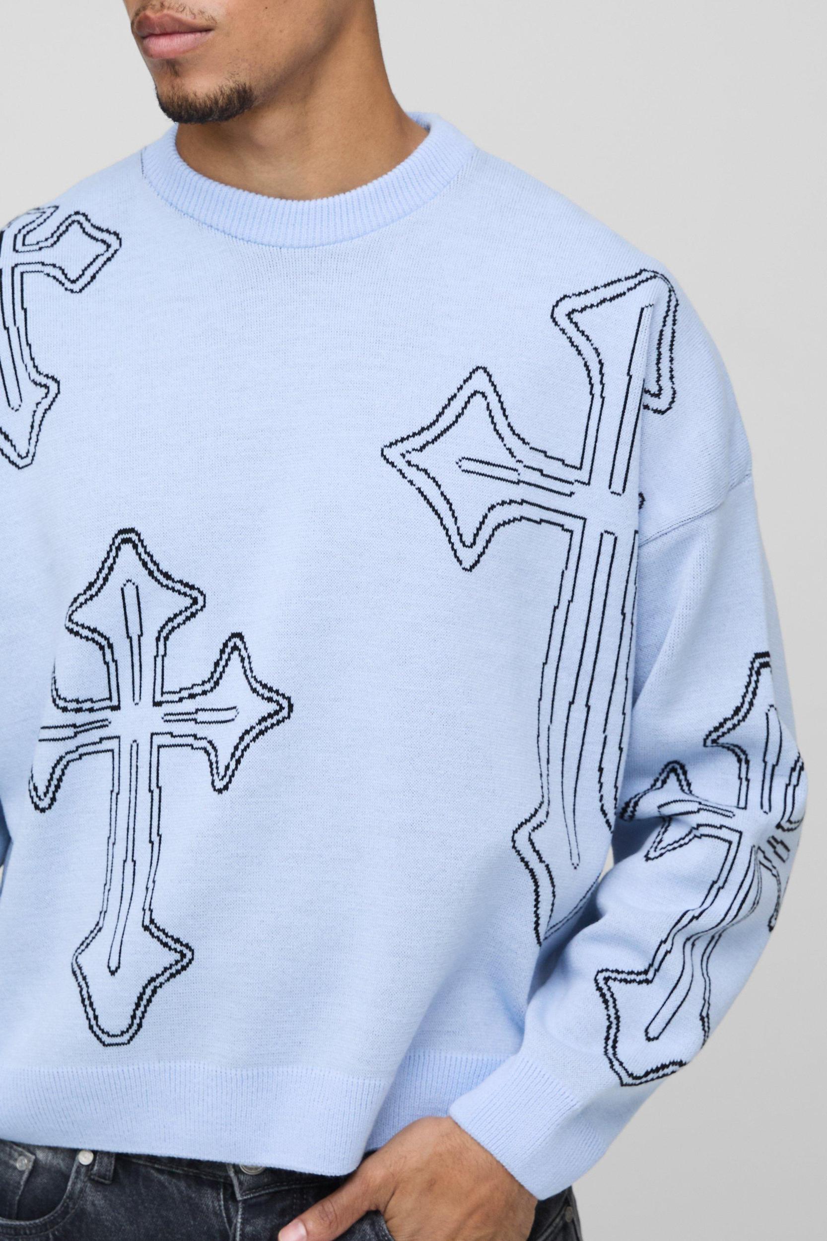 Oversized Boxy Cross Crew Neck Knitted Sweater | boohooMAN USA Product Image