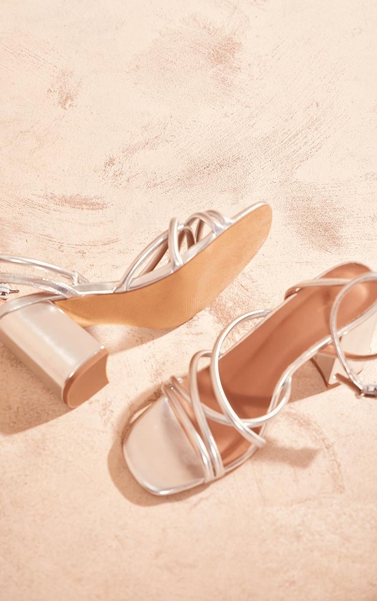 Silver Metallic PU Round Toe Multi Strap Block Heeled Sandals Product Image