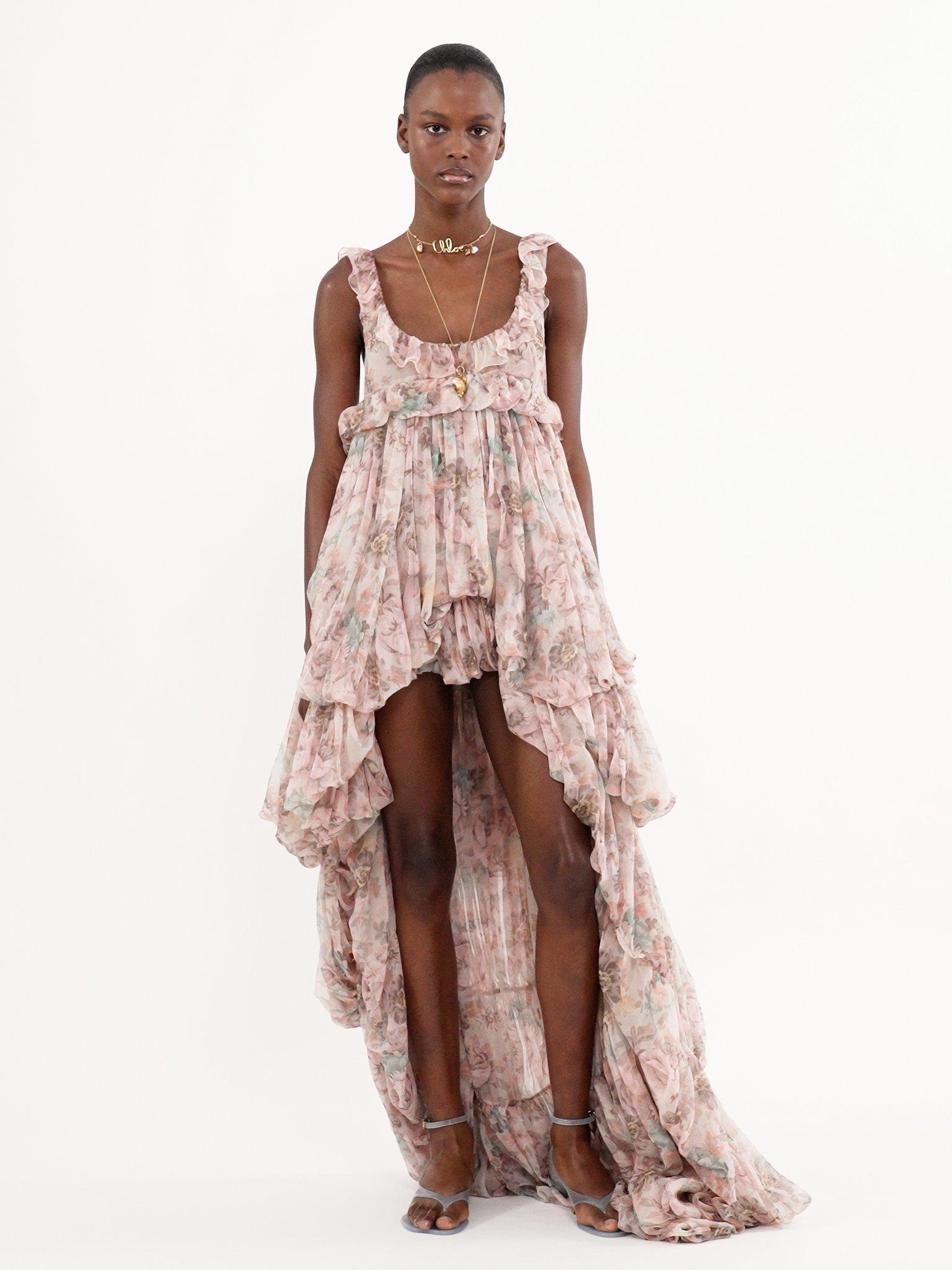 High-low ruffled dress in silk mousseline Product Image