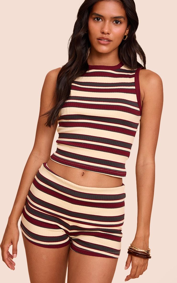 Burgundy Striped Fold Over Rib Hot Pants Product Image