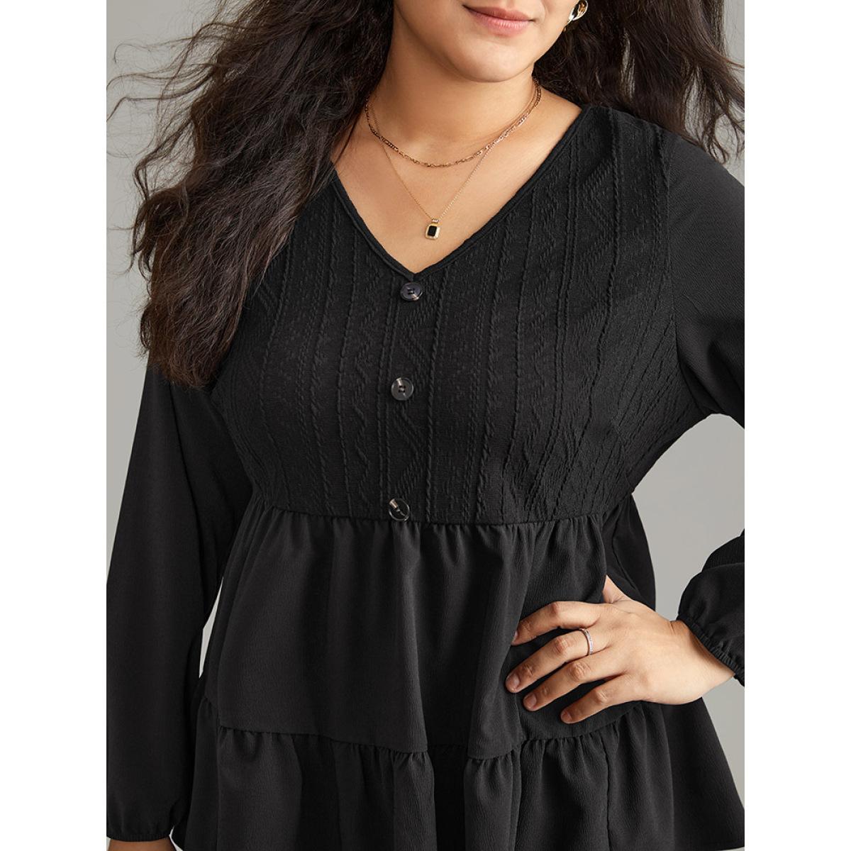 Plus Size Black Solid Textured Button Detail Ruffle Layered Hem Blouse Women Casual Long Sleeve V-neck Office Blouses BloomChic 14-16/1X Product Image