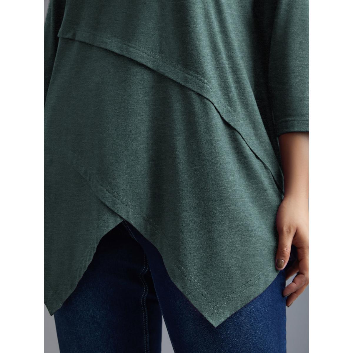 Plus Size Asymmetrical Hem Overlap Long T-shirt DarkSlateGray Women Elegant Tucked seam Round Neck Loose Everyday T-shirts BloomChic 28/5X Product Image