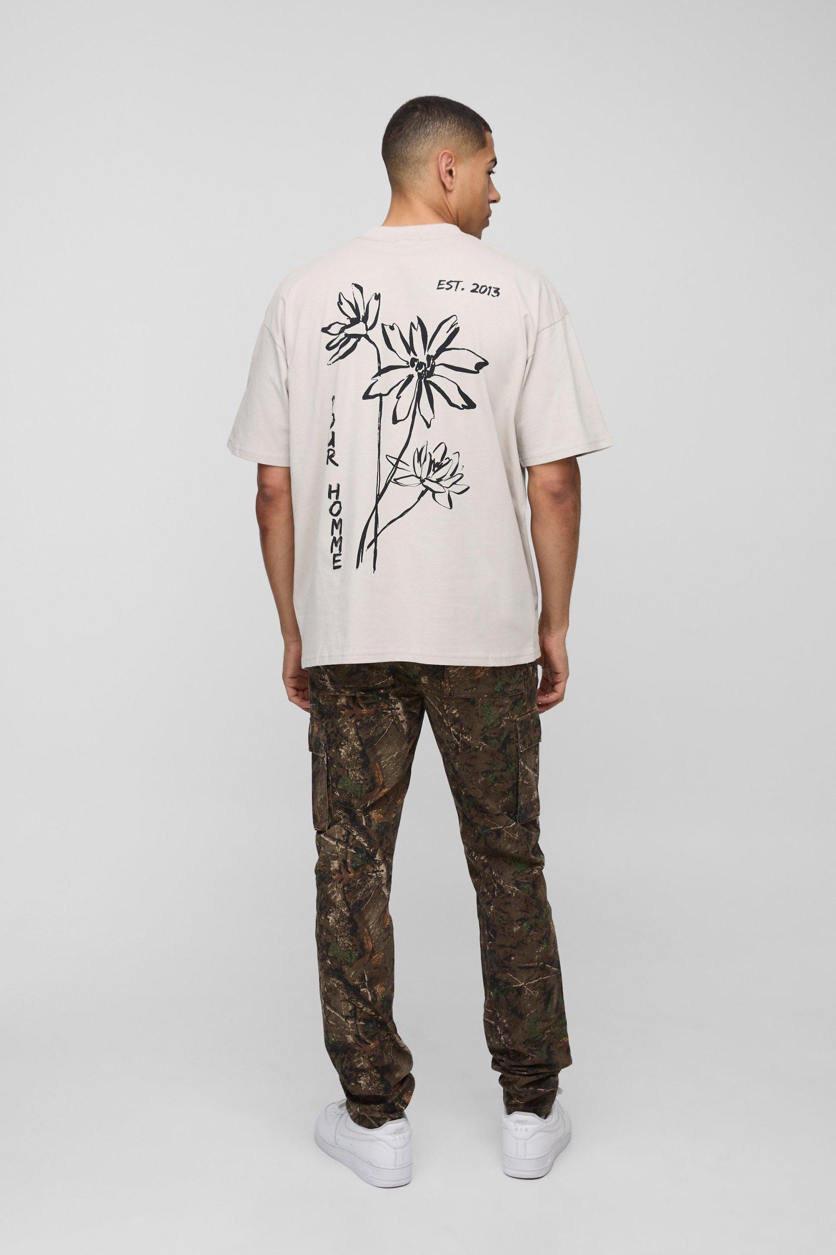 Oversized Extended Neck Pour Homme Sketch Floral T-Shirt | boohooMAN USA Product Image