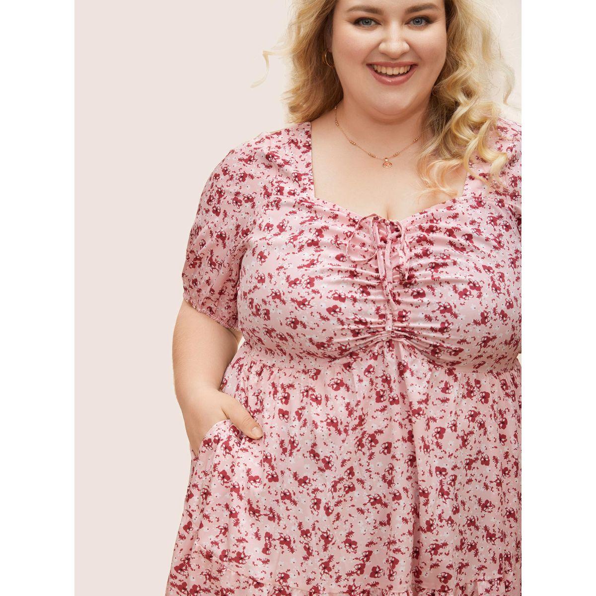Plus Size Ditsy Floral Ruffle Tiered Pocket Ruched Puff Sleeve Drawstring Dress Watermelon Women Elegant Non Square Neck Short sleeve Curvy BloomChic 22-24/3X Product Image