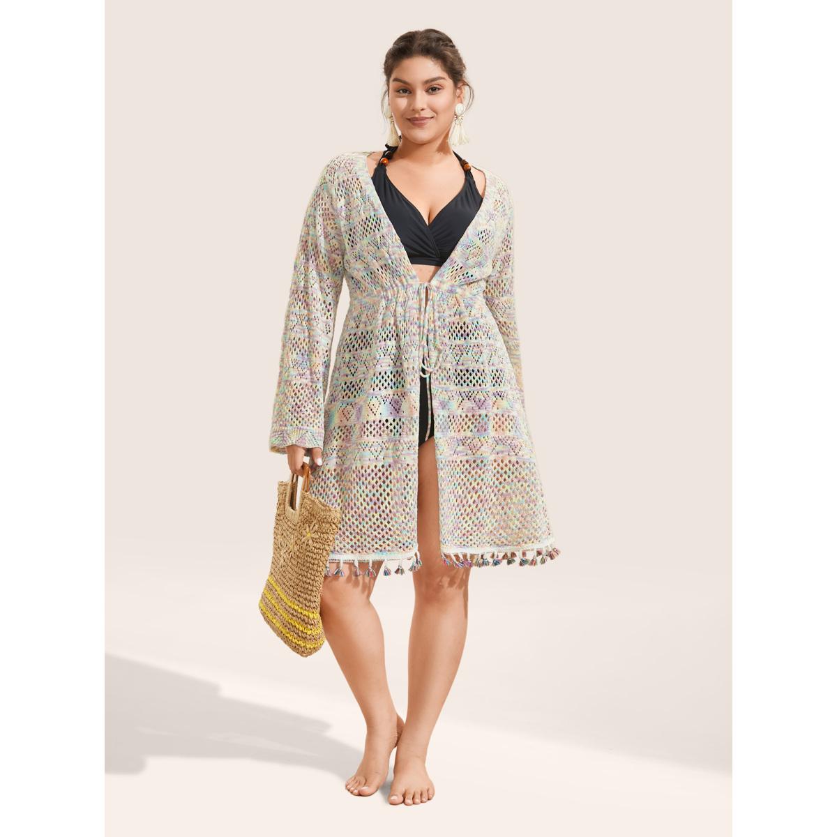 Plus Size Heather Cut Out Drawstring Tassel Trim Swim Cover Up Women's Swimwear Multicolor Beach Tie knot Curve Swim Cover Ups BloomChic 14-16/1X Product Image
