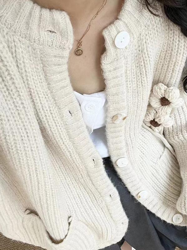 Three Dimensional Flower Decor Crew Neck Knit Cardigan Product Image