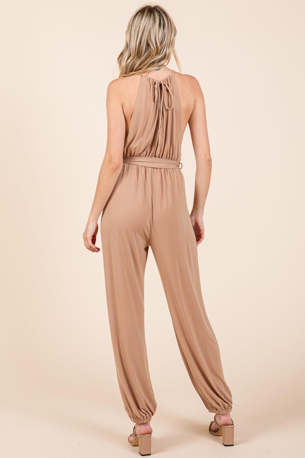 Halter Neck Shirred Belted Split Leg Jumpsuit Product Image