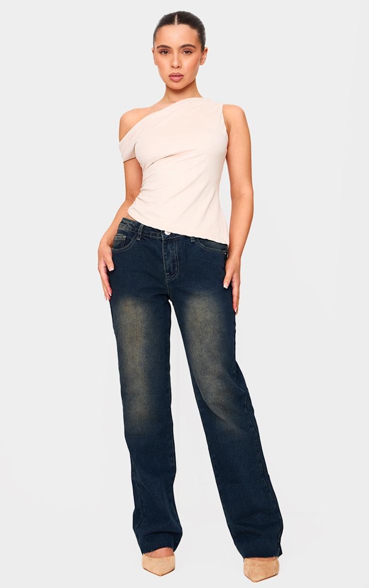 Petite Mid Blue Wash Bleach Low Waist Straight Jeans Product Image