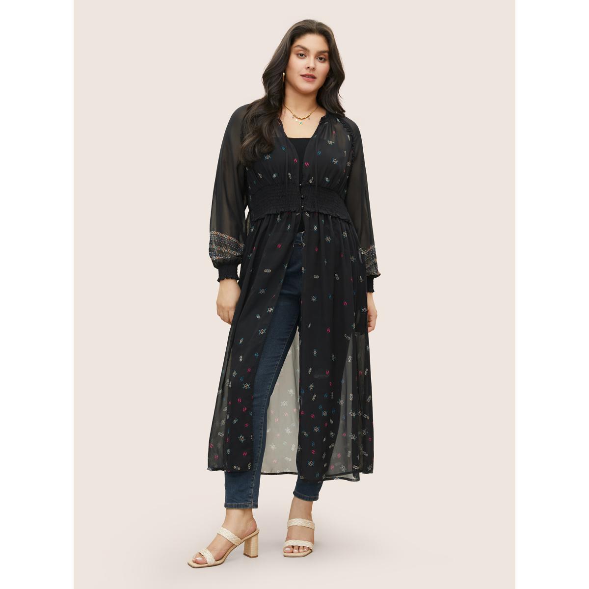 Plus Size Bandana Print Mesh Shirred Split Side Kimono Women Black Resort Shirred Vacation Kimonos BloomChic 18-20/2X Product Image