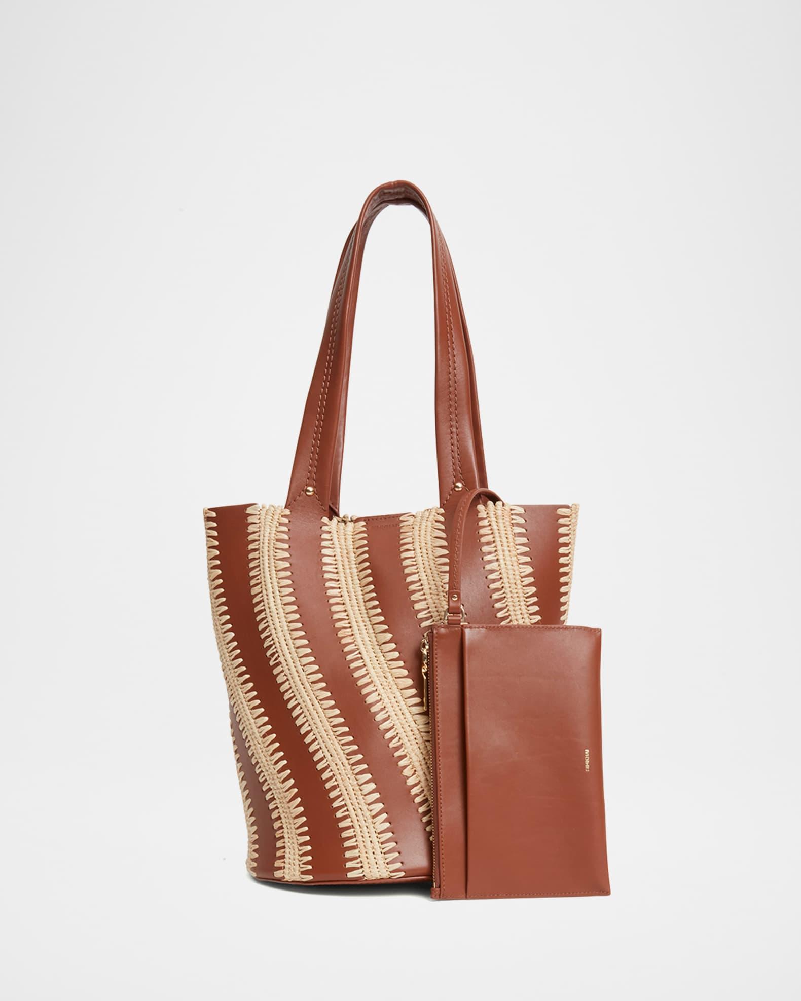 Talia Raffia-Embroidered Leather Tote Bag Product Image