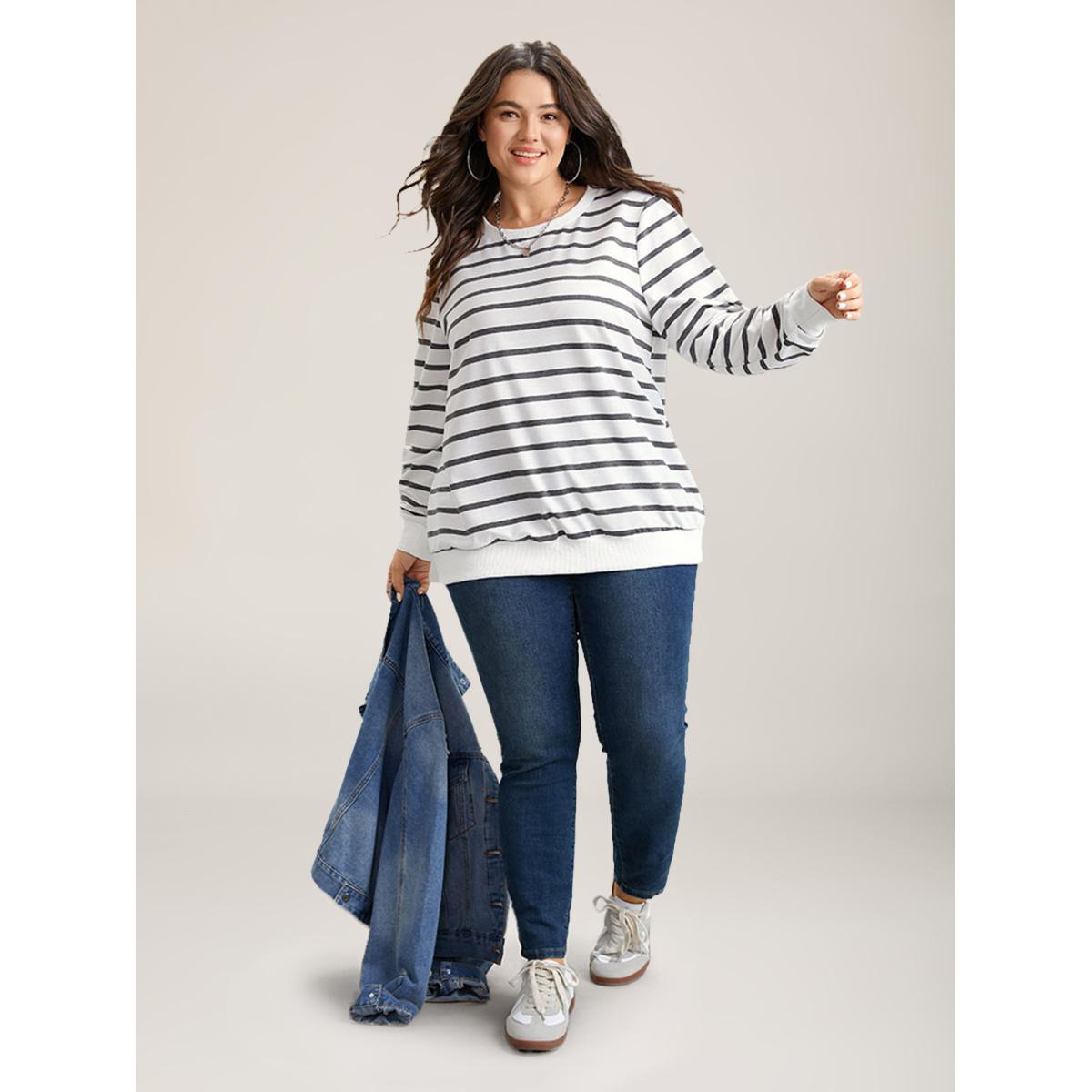 Plus Size Rib Knit Striped Round Neck Sweatshirt Women White Casual Non Round Neck Everyday Sweatshirts BloomChic 22-24/3X Product Image