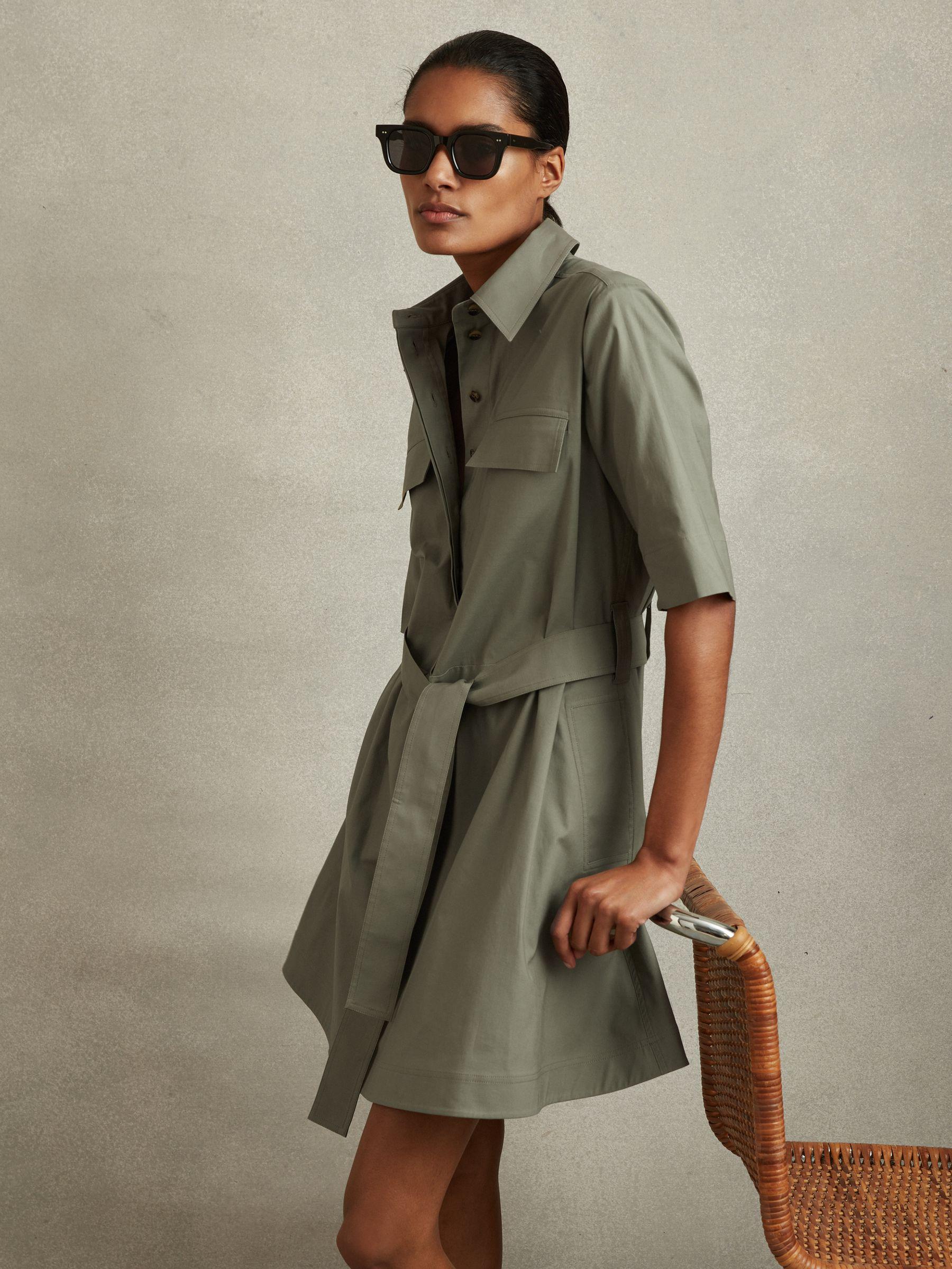 Pleated Belted Mini Dress in Khaki Product Image