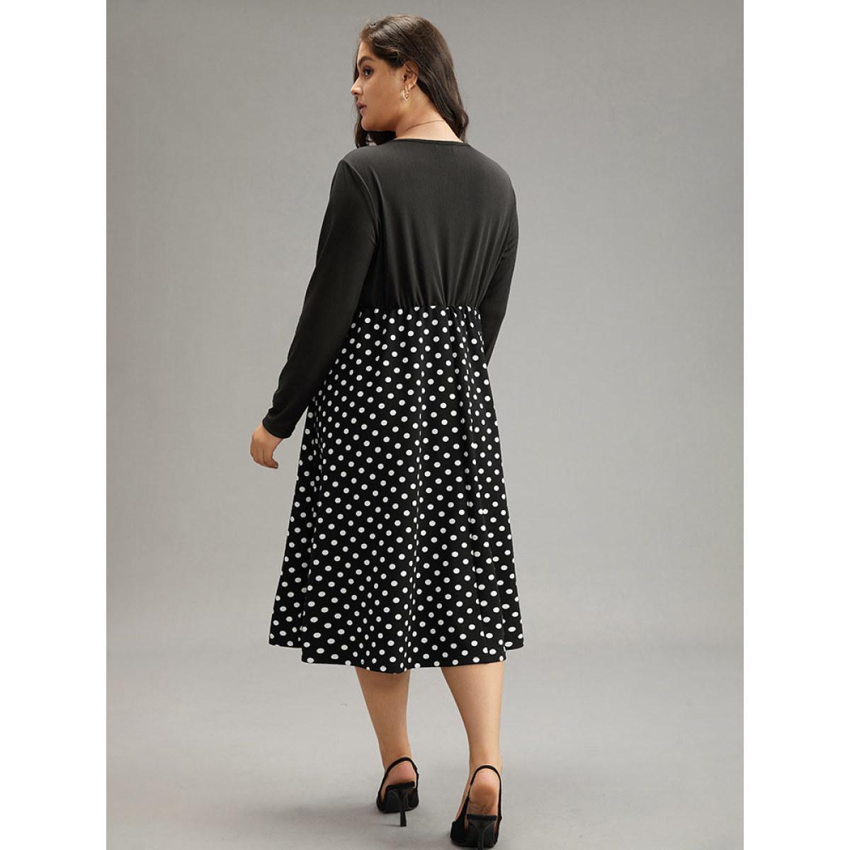 Plus Size Polka Dot Pocket Button Up Patchwork Dress Black Women Office Contrast Round Neck Long Sleeve Curvy Midi Dress BloomChic 12/L Product Image