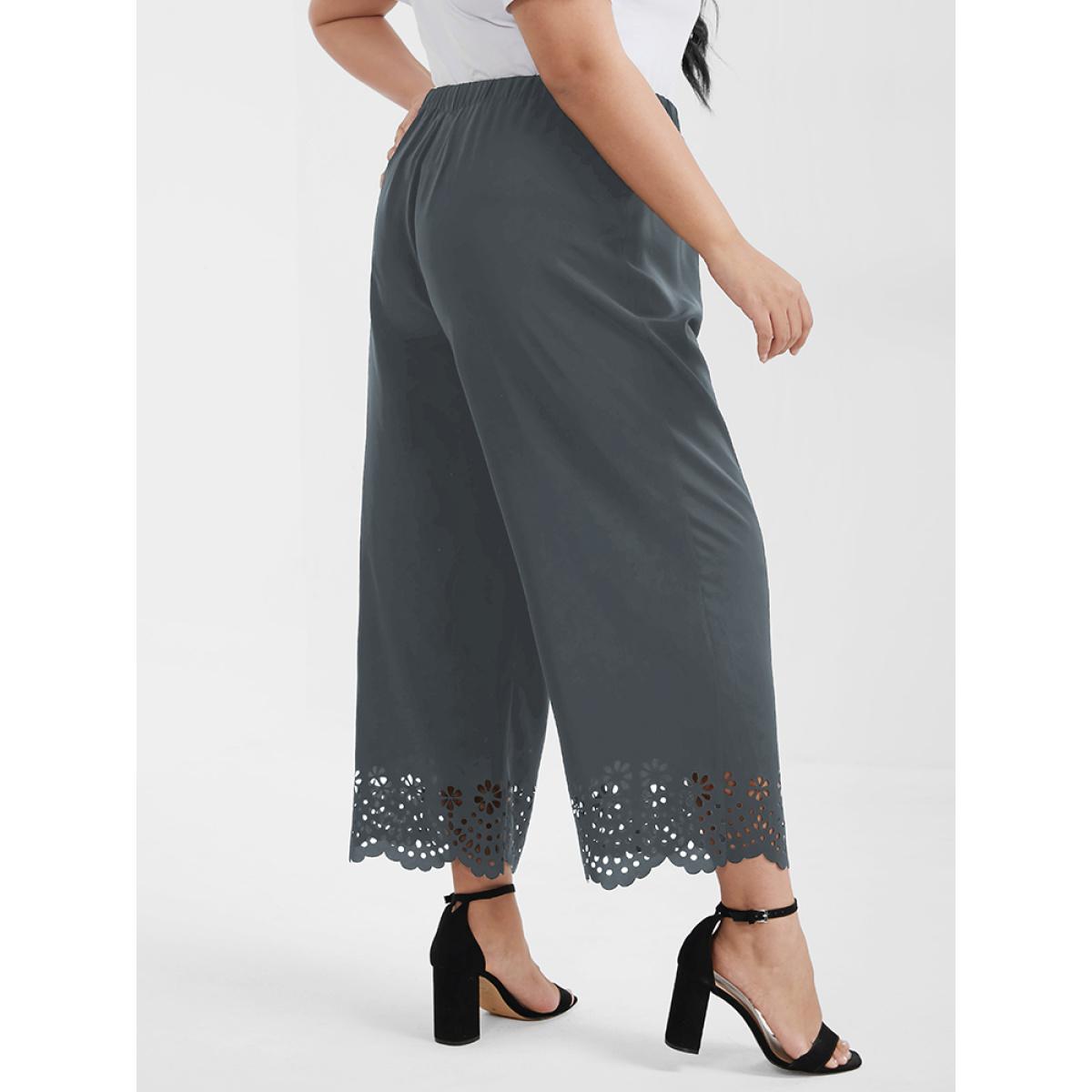 Plus Size Broderie Anglaise Elastic Waist Loose Pants Women SlateGray Elegant Loose High Rise Dailywear Pants BloomChic 10/M Product Image